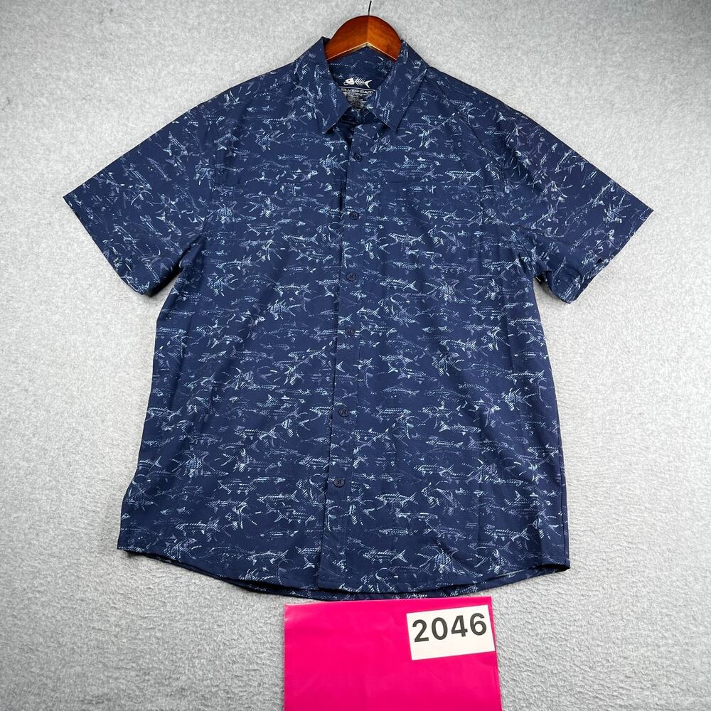 Silver Bait Shirt Navy Blue Fish Print Vented Stretch Button Up Short Sleeve M